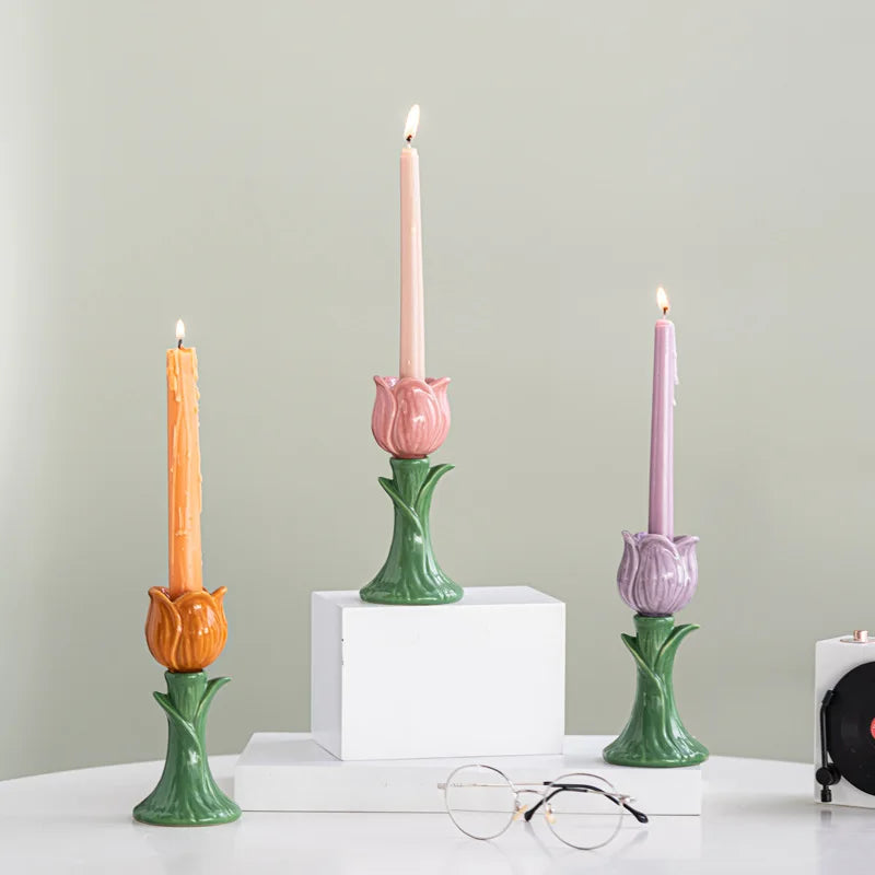 Tulip Ceramic Candle Holder – Whimsical Floral Home Accent
