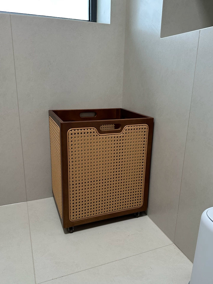 Rattan Rolling Laundry Hamper – Wooden Frame Storage Basket