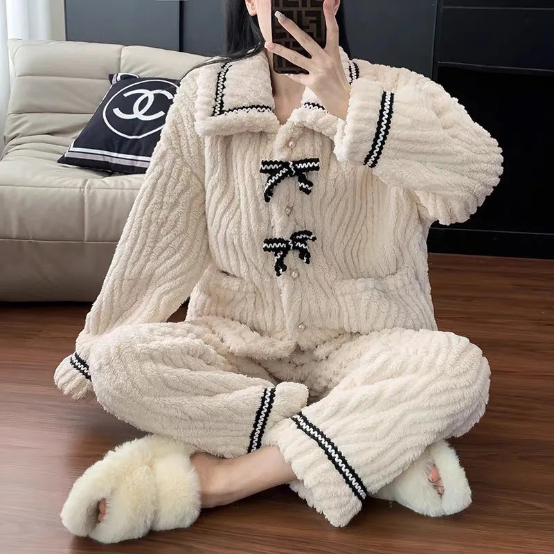 Ribbon Fleece Pajama Set – Soft & Warm Winter Loungewear