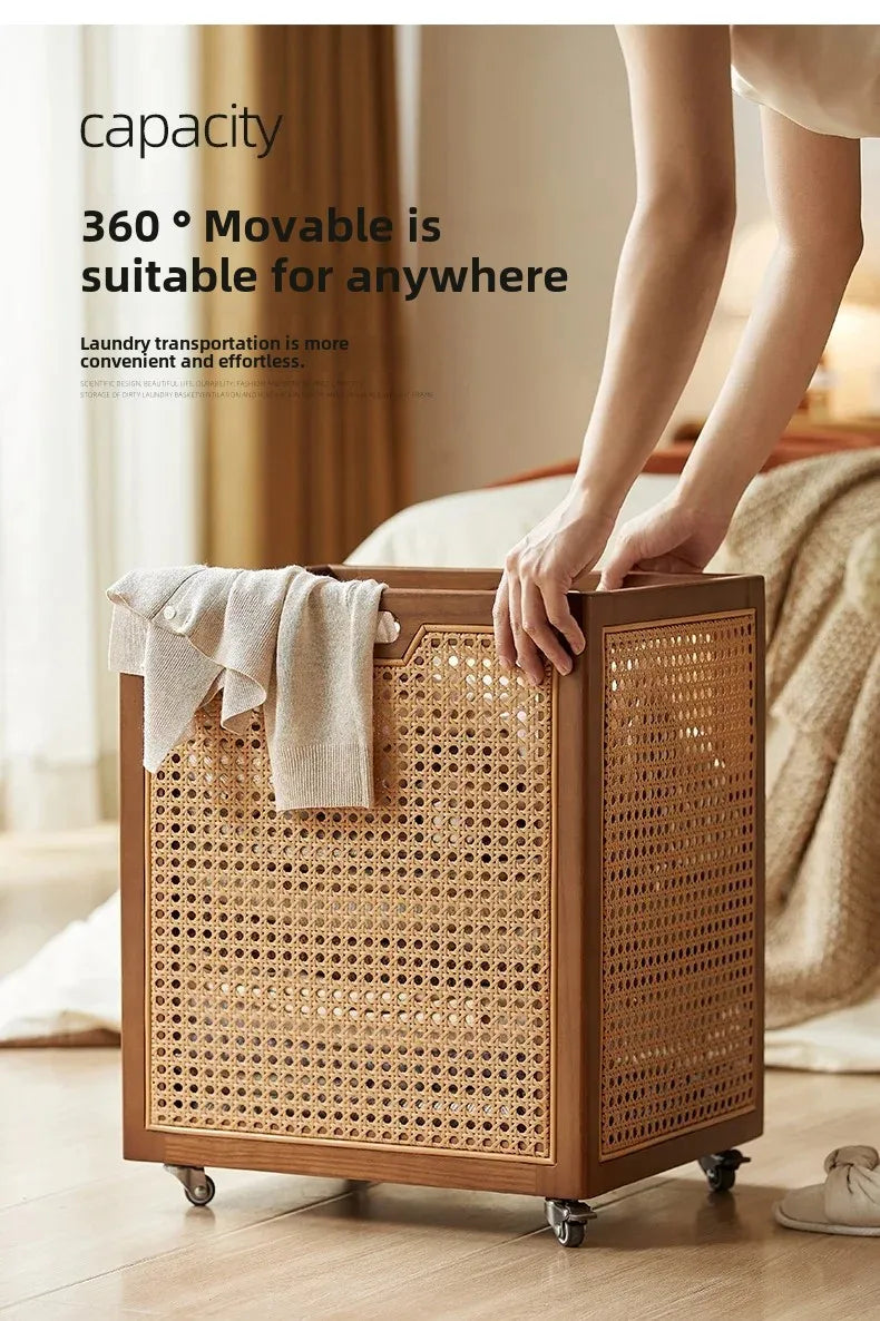 Rattan Rolling Laundry Hamper – Wooden Frame Storage Basket