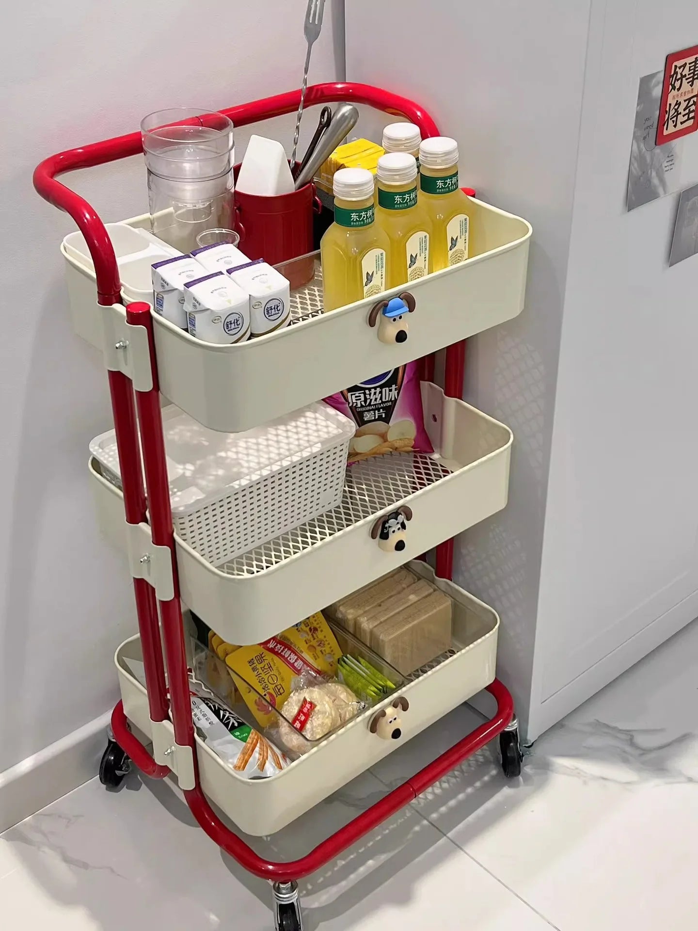 New Multi-Layer Contrast Color Trolley Storage Shelf Trolley Organizer Mobile Cosmetics Snack Storage Rack Bathroom Mobile Shelf