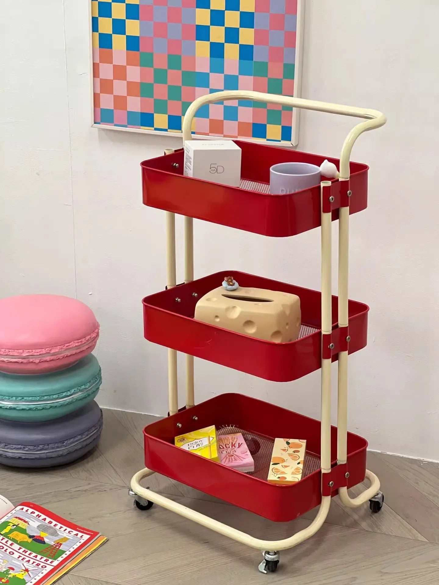 New Multi-Layer Contrast Color Trolley Storage Shelf Trolley Organizer Mobile Cosmetics Snack Storage Rack Bathroom Mobile Shelf