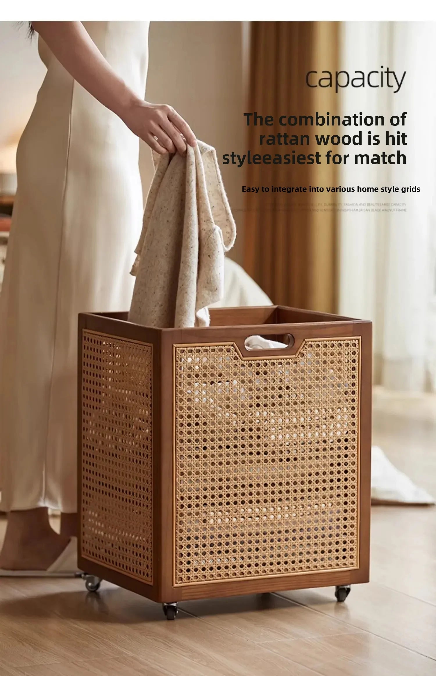 Rattan Rolling Laundry Hamper – Wooden Frame Storage Basket