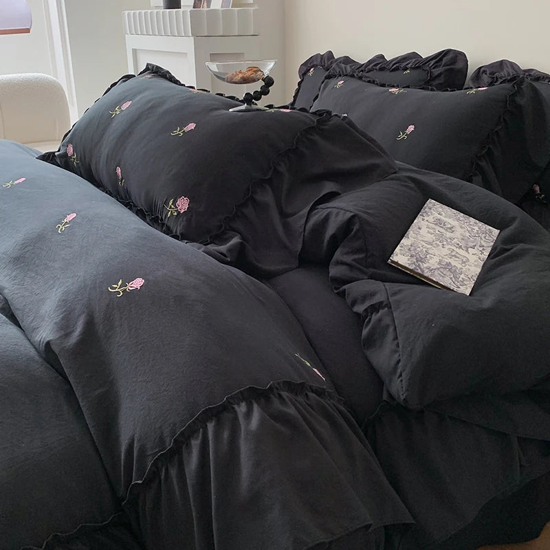 Romantic Ruffle Embroidered Duvet Cover Set – Korean Floral Chic Bedding