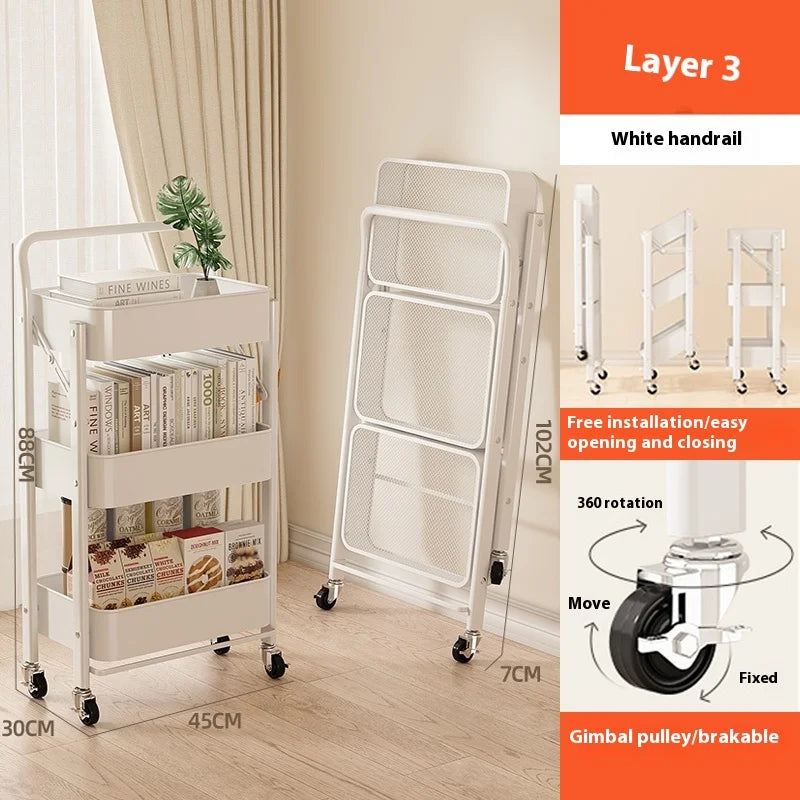 Foldable 3-Tier Storage Cart – Minimalist Rolling Trolley for Any Room