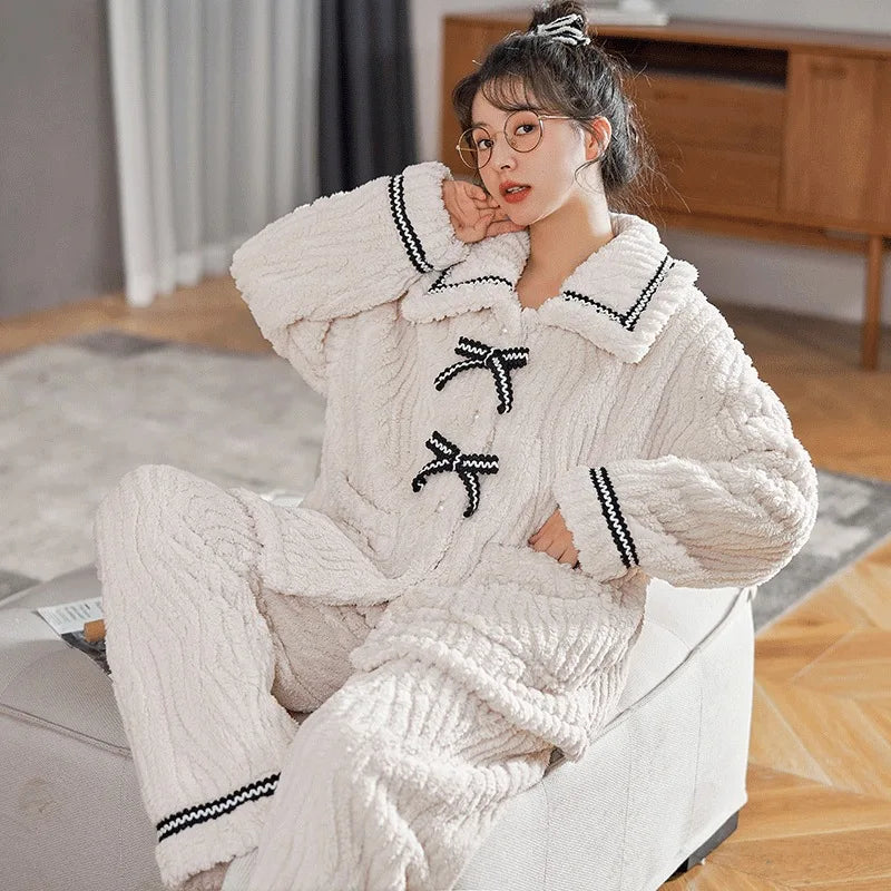 Ribbon Fleece Pajama Set – Soft & Warm Winter Loungewear
