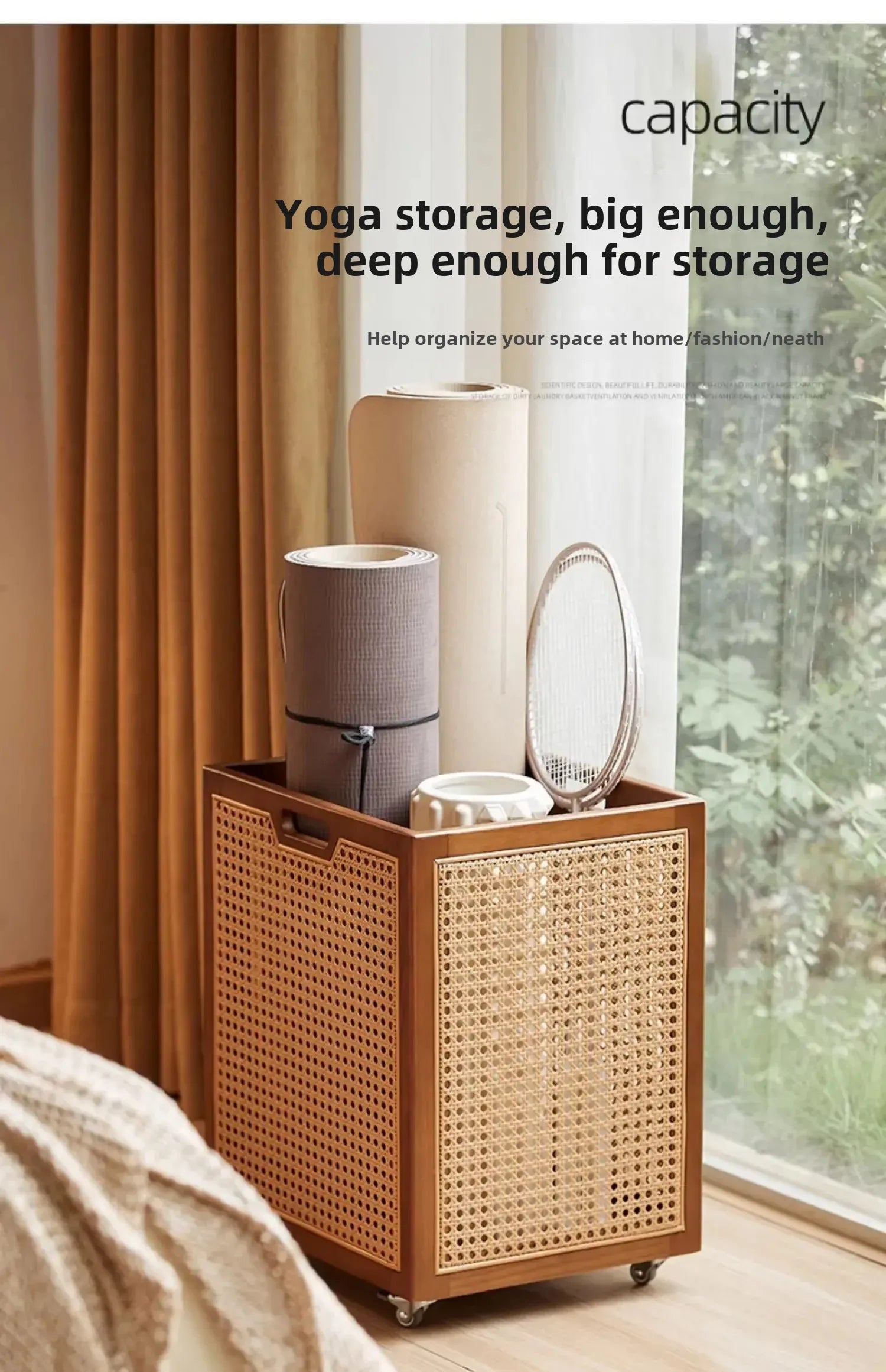 Rattan Rolling Laundry Hamper – Wooden Frame Storage Basket