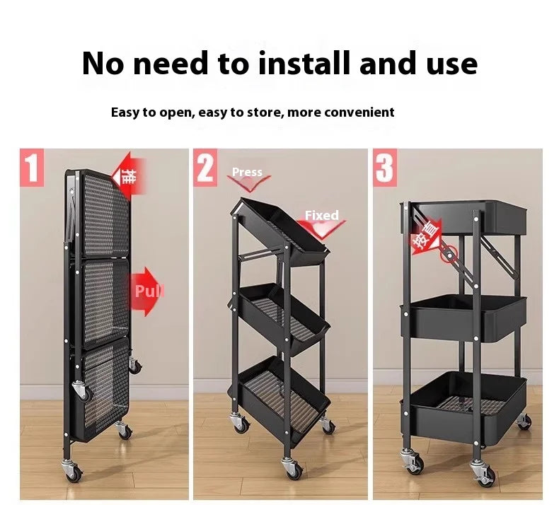 Foldable 3-Tier Storage Cart – Minimalist Rolling Trolley for Any Room