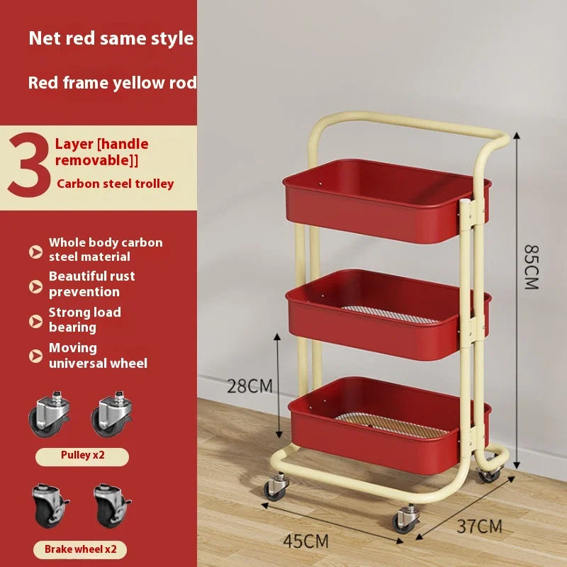 New Multi-Layer Contrast Color Trolley Storage Shelf Trolley Organizer Mobile Cosmetics Snack Storage Rack Bathroom Mobile Shelf