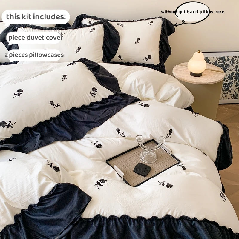 Romantic Ruffle Embroidered Duvet Cover Set – Korean Floral Chic Bedding