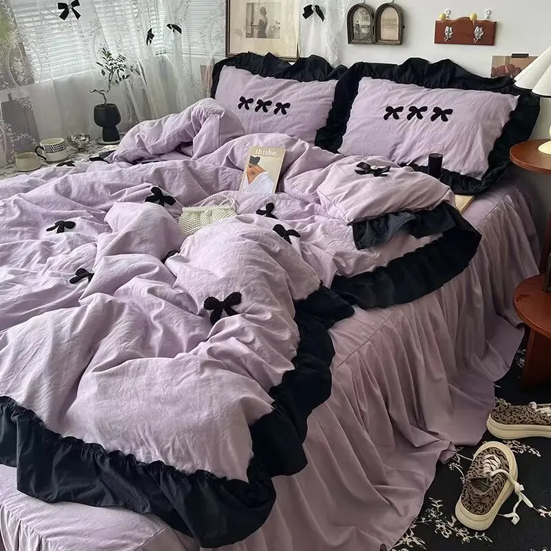 Contrast Ruffle & Bow Bedding Set