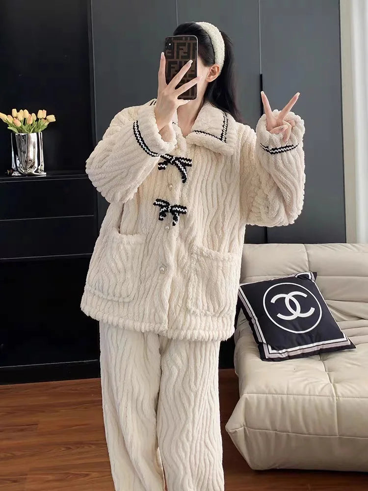 Ribbon Fleece Pajama Set – Soft & Warm Winter Loungewear