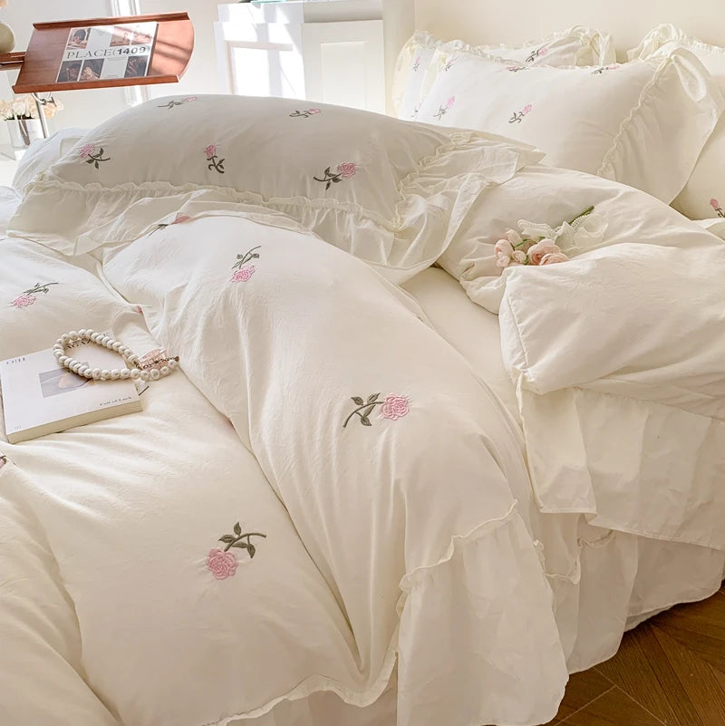 Romantic Ruffle Embroidered Duvet Cover Set – Korean Floral Chic Bedding