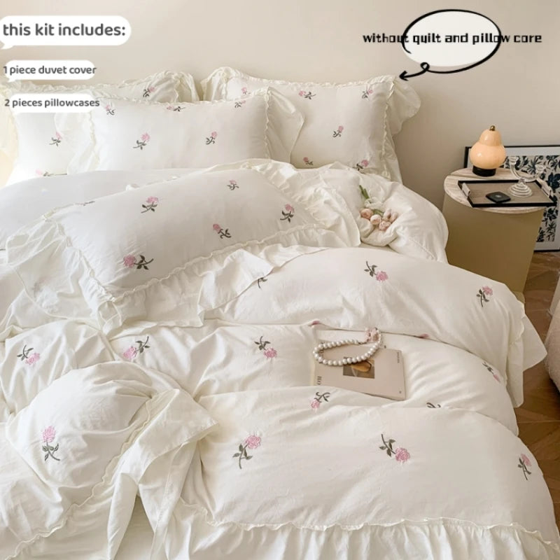 Romantic Ruffle Embroidered Duvet Cover Set – Korean Floral Chic Bedding
