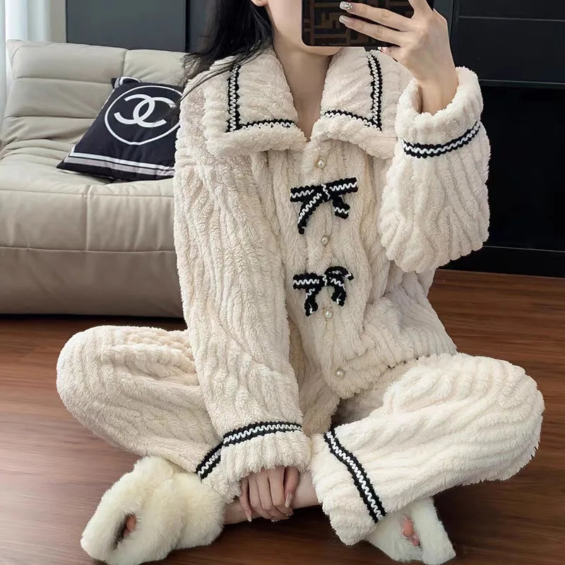 Ribbon Fleece Pajama Set – Soft & Warm Winter Loungewear
