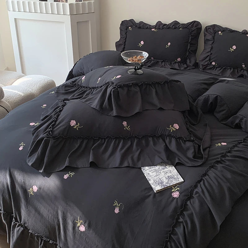 Romantic Ruffle Embroidered Duvet Cover Set – Korean Floral Chic Bedding