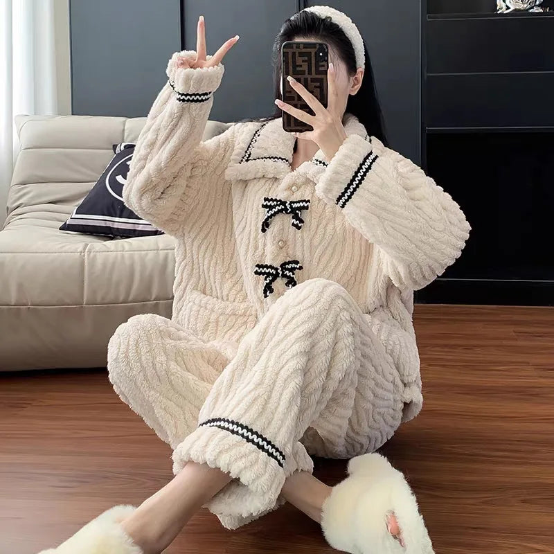 Ribbon Fleece Pajama Set – Soft & Warm Winter Loungewear
