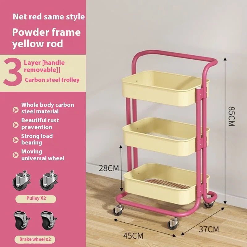 New Multi-Layer Contrast Color Trolley Storage Shelf Trolley Organizer Mobile Cosmetics Snack Storage Rack Bathroom Mobile Shelf