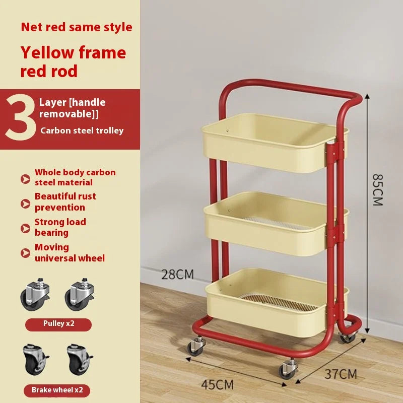 New Multi-Layer Contrast Color Trolley Storage Shelf Trolley Organizer Mobile Cosmetics Snack Storage Rack Bathroom Mobile Shelf
