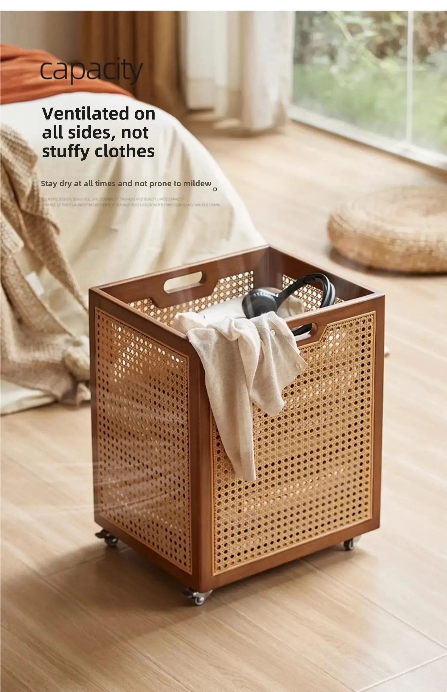 Rattan Rolling Laundry Hamper – Wooden Frame Storage Basket