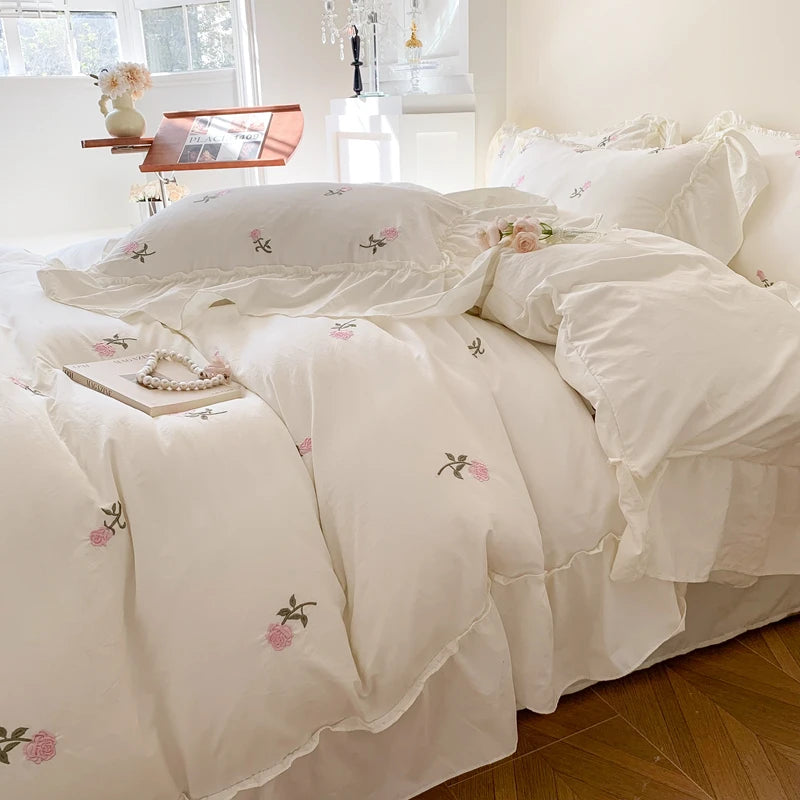 Romantic Ruffle Embroidered Duvet Cover Set – Korean Floral Chic Bedding