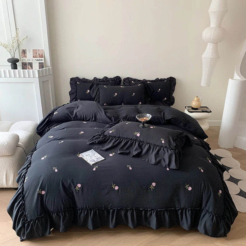 Romantic Ruffle Embroidered Duvet Cover Set – Korean Floral Chic Bedding