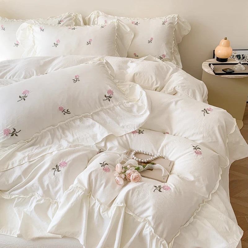 Romantic Ruffle Embroidered Duvet Cover Set – Korean Floral Chic Bedding