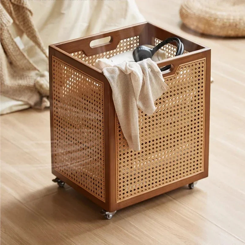 Rattan Rolling Laundry Hamper – Wooden Frame Storage Basket