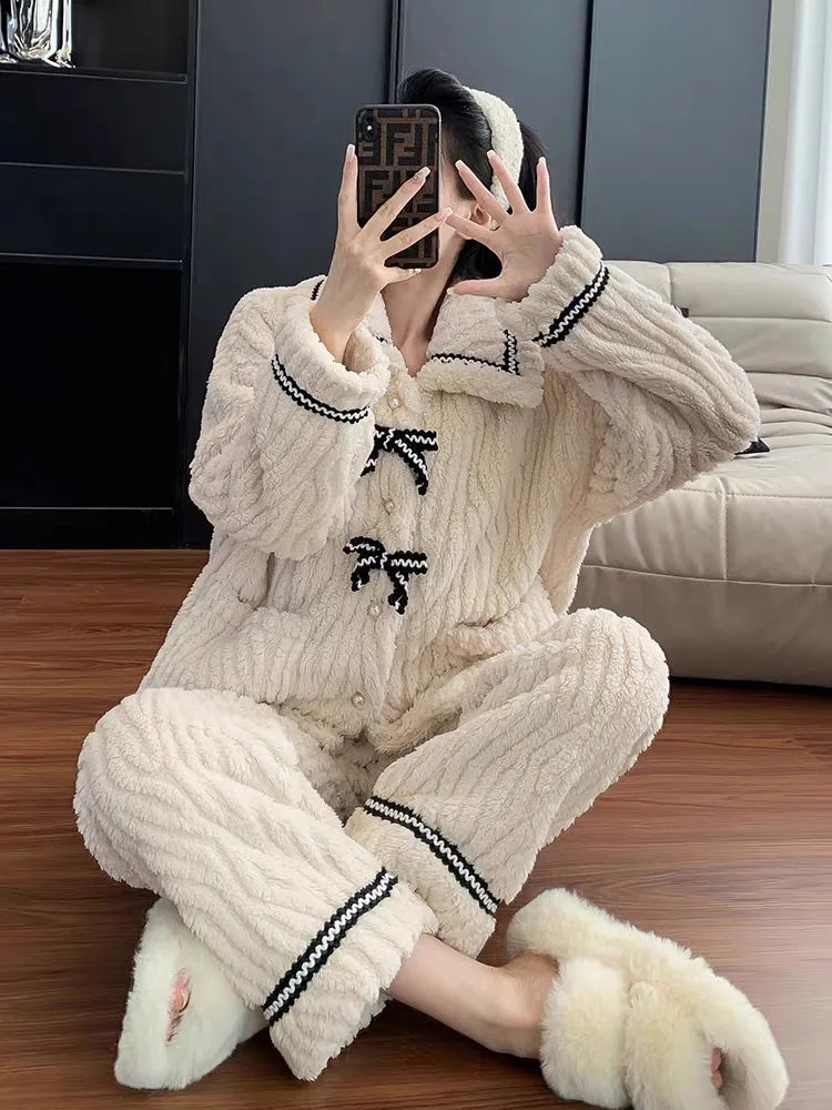 Ribbon Fleece Pajama Set – Soft & Warm Winter Loungewear