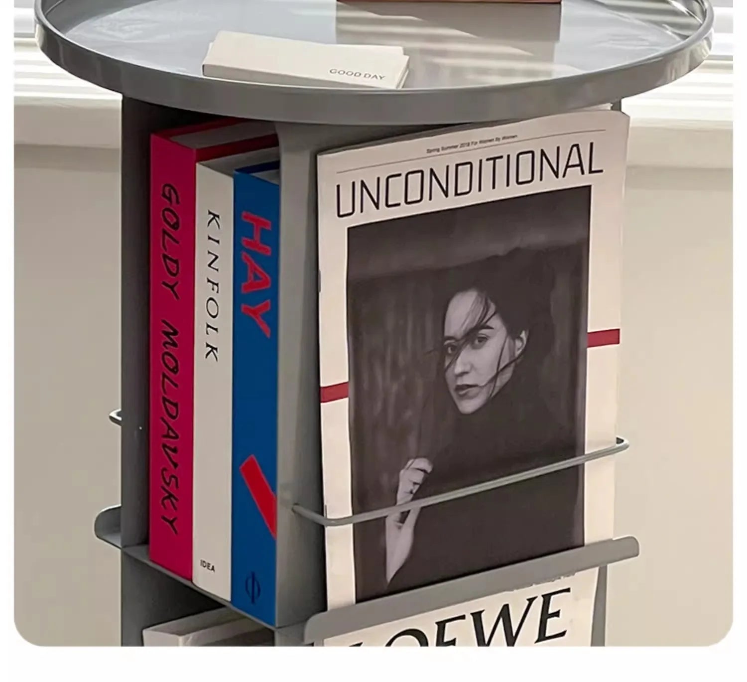 Rotating Metal Side Table with Magazine Rack – Minimalist Design