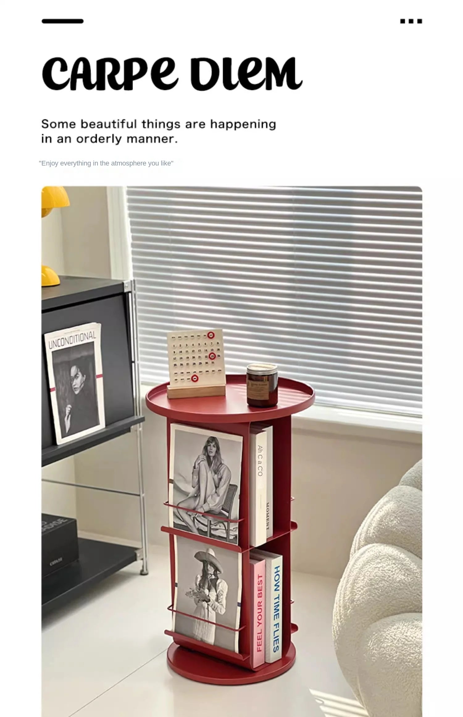Rotating Metal Side Table with Magazine Rack – Minimalist Design