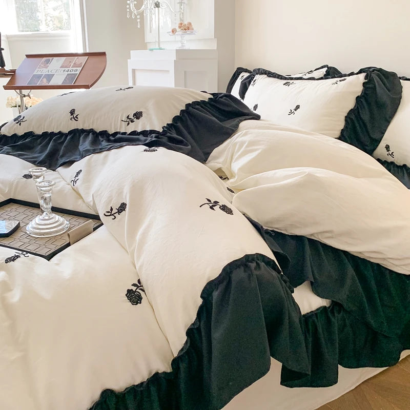 Romantic Ruffle Embroidered Duvet Cover Set – Korean Floral Chic Bedding