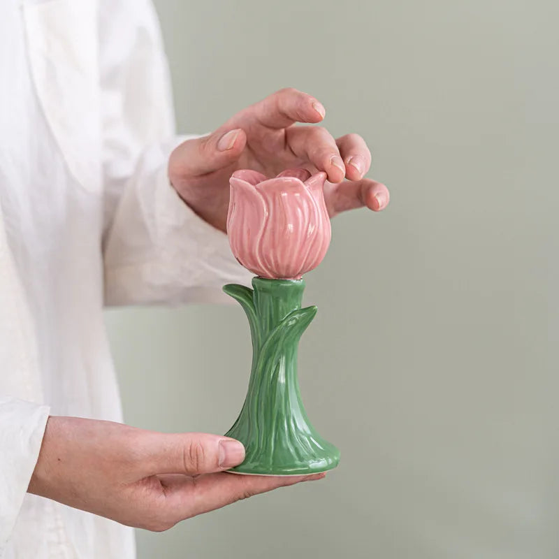 Tulip Ceramic Candle Holder – Whimsical Floral Home Accent