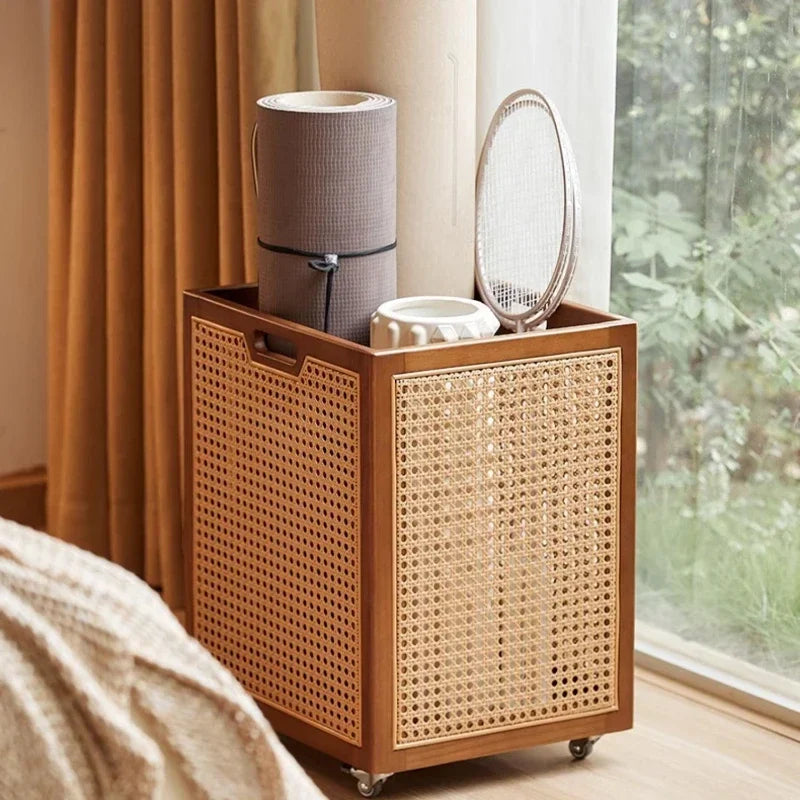Rattan Rolling Laundry Hamper – Wooden Frame Storage Basket