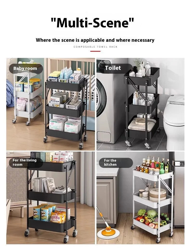 Foldable 3-Tier Storage Cart – Minimalist Rolling Trolley for Any Room
