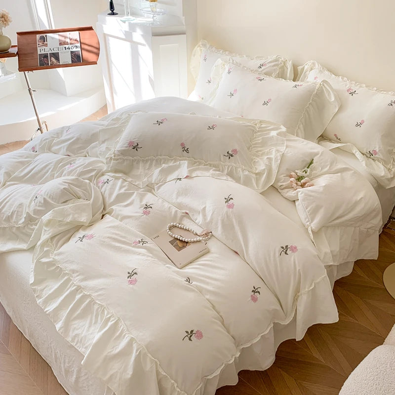 Romantic Ruffle Embroidered Duvet Cover Set – Korean Floral Chic Bedding