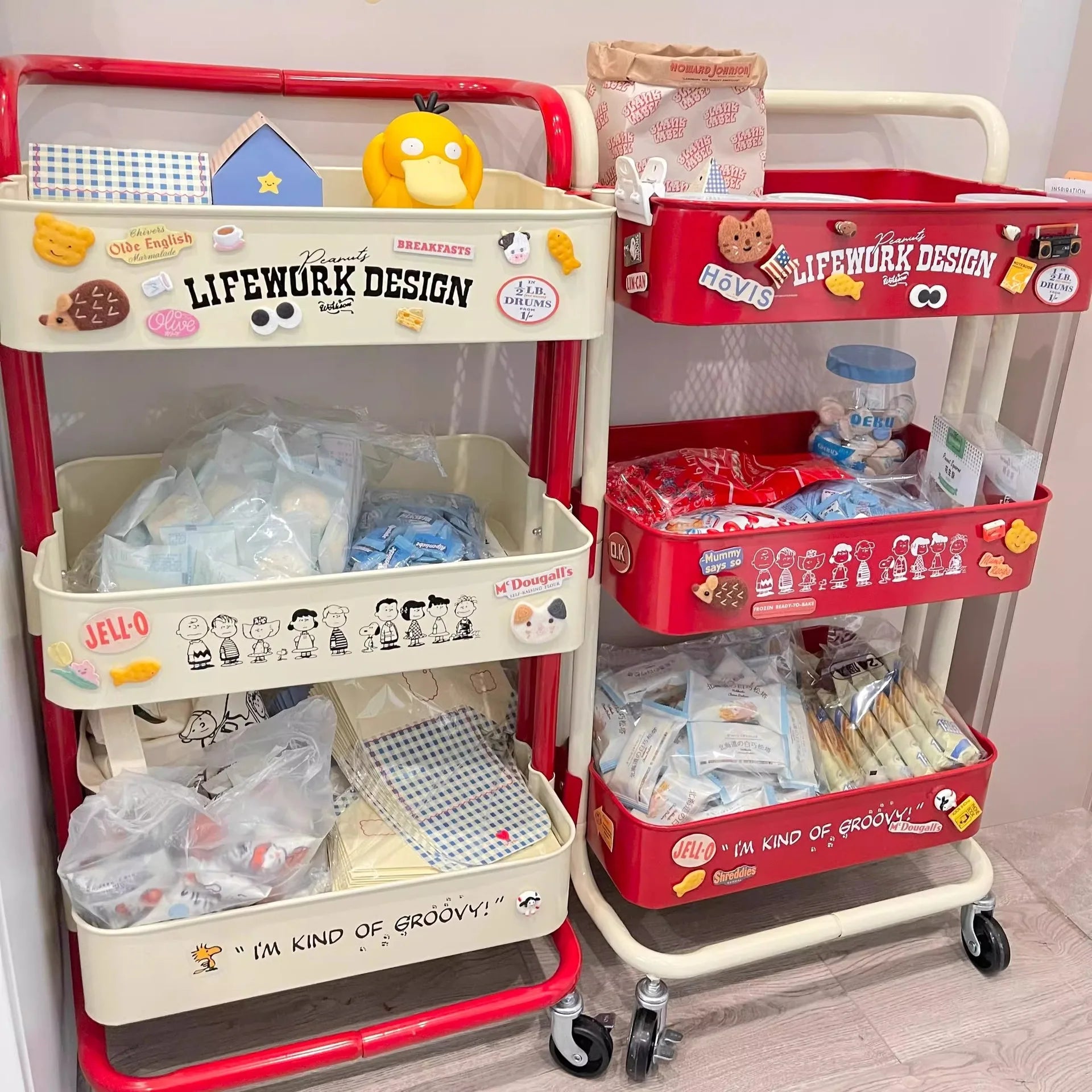 New Multi-Layer Contrast Color Trolley Storage Shelf Trolley Organizer Mobile Cosmetics Snack Storage Rack Bathroom Mobile Shelf