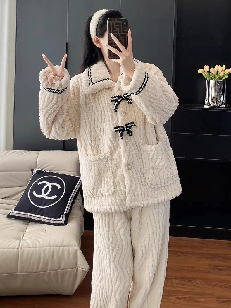 Ribbon Fleece Pajama Set – Soft & Warm Winter Loungewear