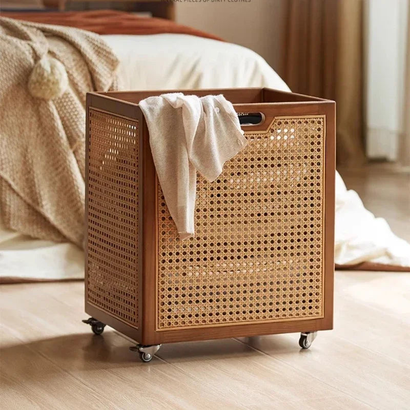 Rattan Rolling Laundry Hamper – Wooden Frame Storage Basket