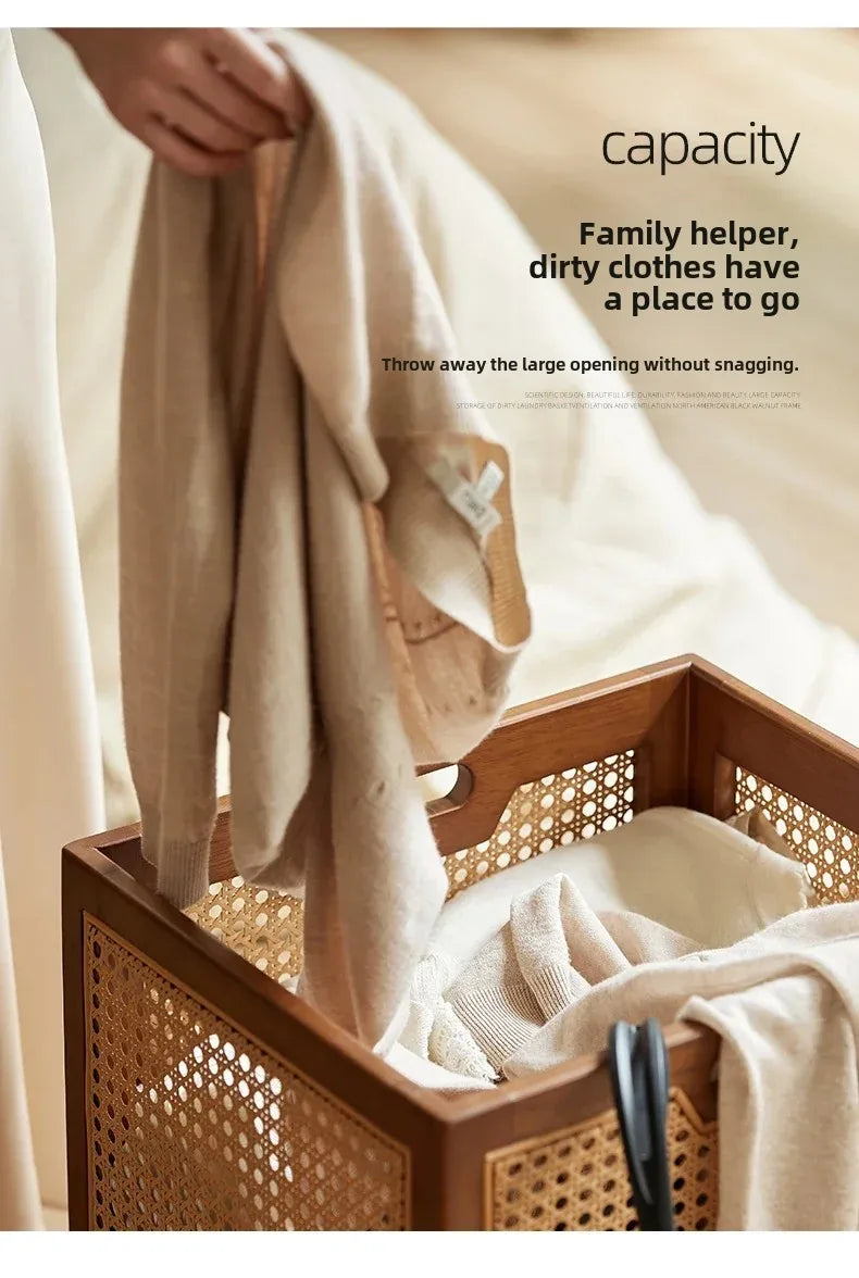 Rattan Rolling Laundry Hamper – Wooden Frame Storage Basket