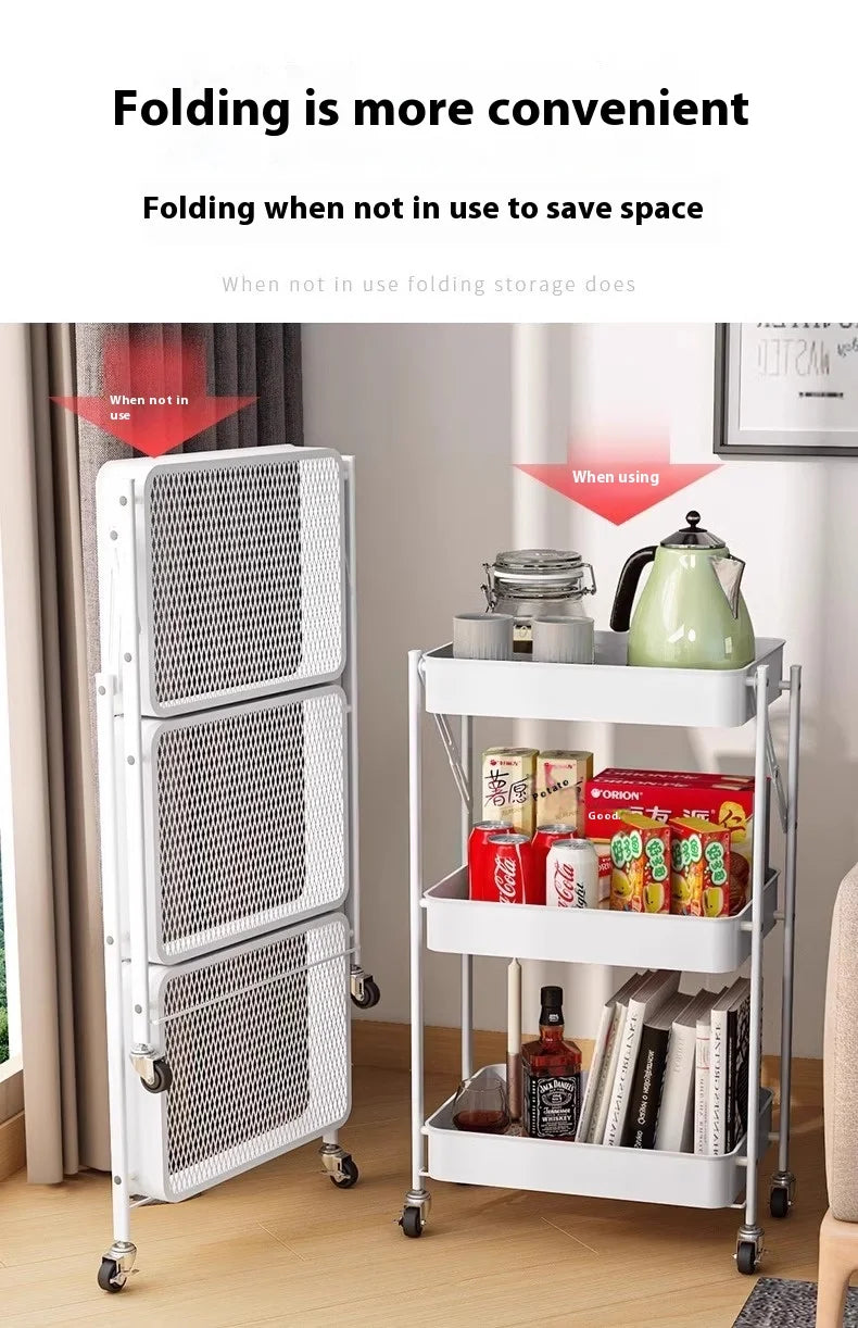 Foldable 3-Tier Storage Cart – Minimalist Rolling Trolley for Any Room
