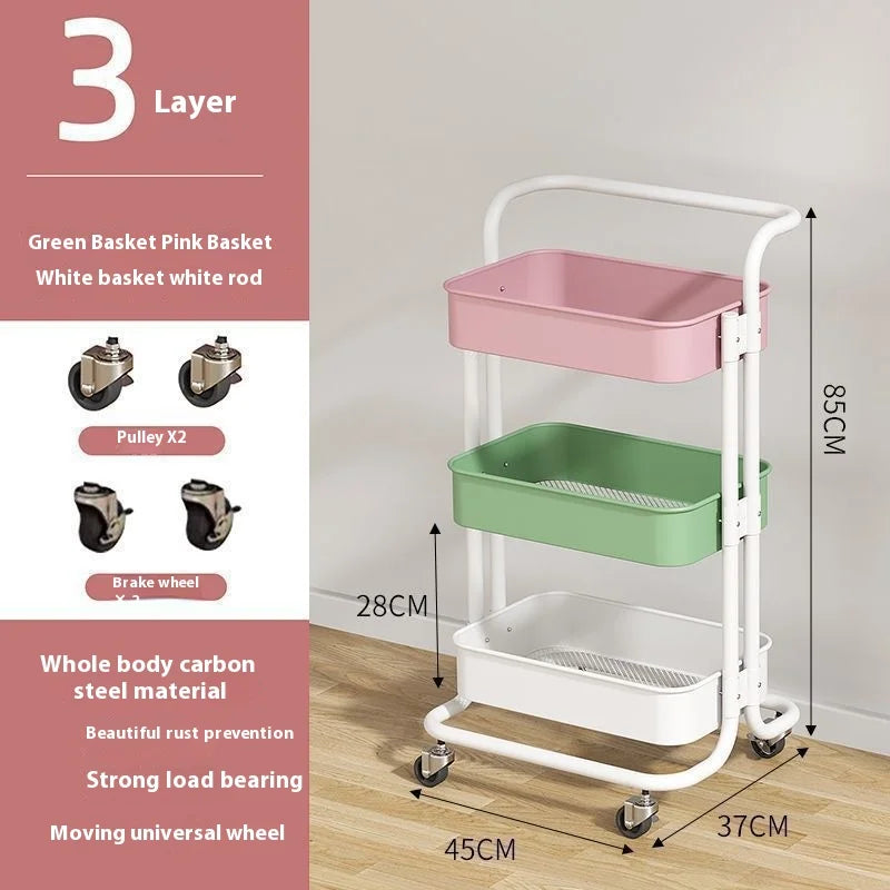 New Multi-Layer Contrast Color Trolley Storage Shelf Trolley Organizer Mobile Cosmetics Snack Storage Rack Bathroom Mobile Shelf