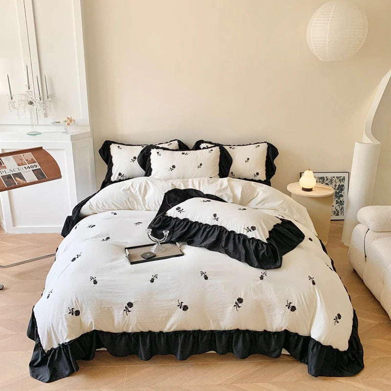 Romantic Ruffle Embroidered Duvet Cover Set – Korean Floral Chic Bedding