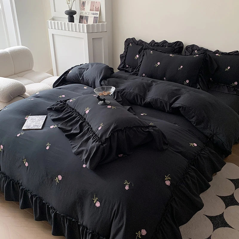 Romantic Ruffle Embroidered Duvet Cover Set – Korean Floral Chic Bedding