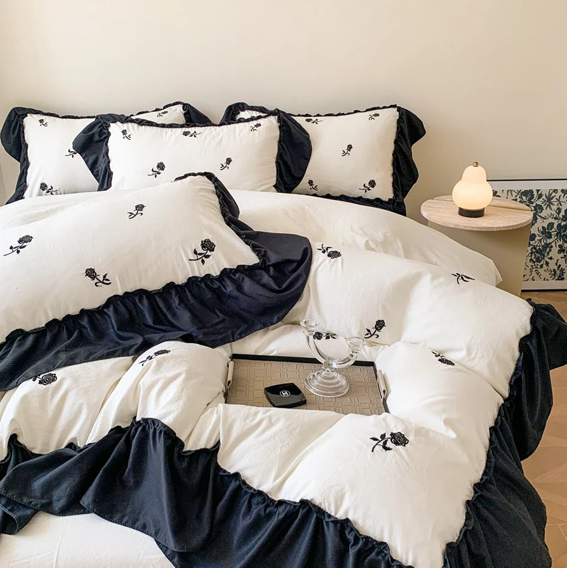 Romantic Ruffle Embroidered Duvet Cover Set – Korean Floral Chic Bedding