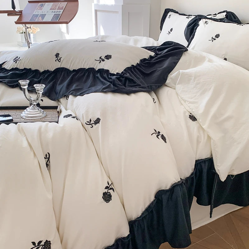 Romantic Ruffle Embroidered Duvet Cover Set – Korean Floral Chic Bedding
