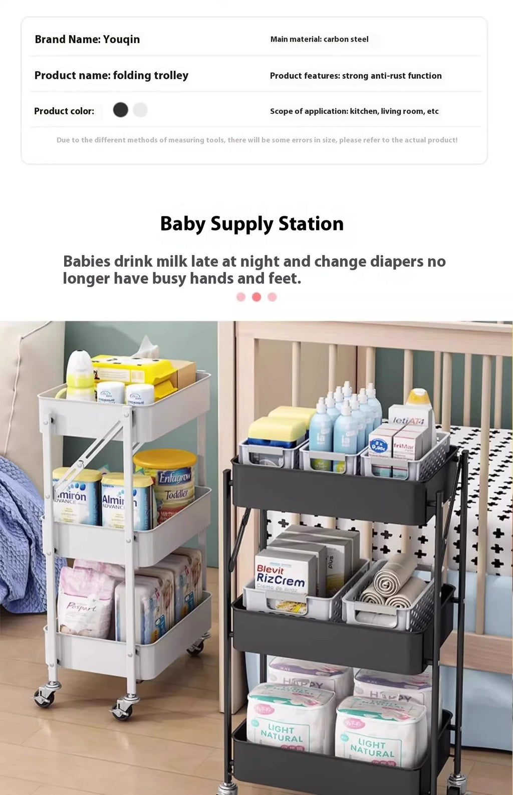 Foldable 3-Tier Storage Cart – Minimalist Rolling Trolley for Any Room