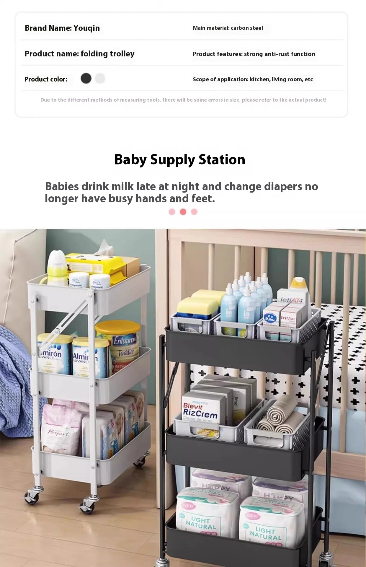 Foldable 3-Tier Storage Cart – Minimalist Rolling Trolley for Any Room