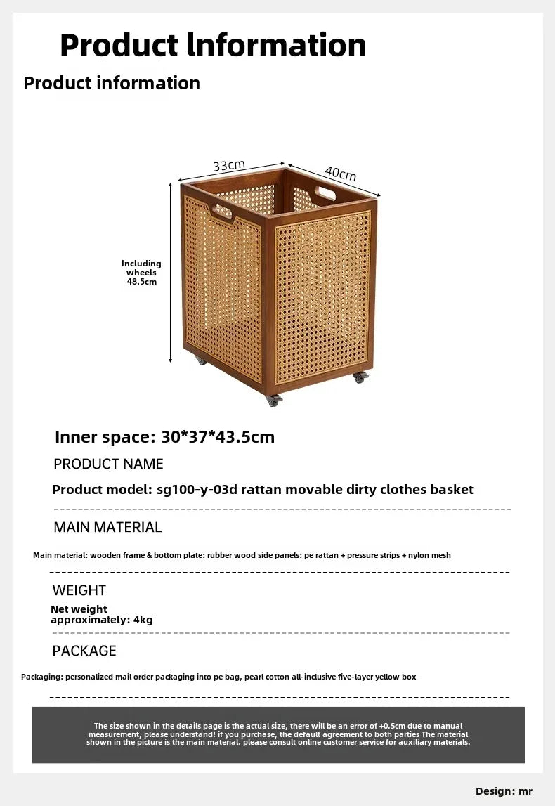 Rattan Rolling Laundry Hamper – Wooden Frame Storage Basket