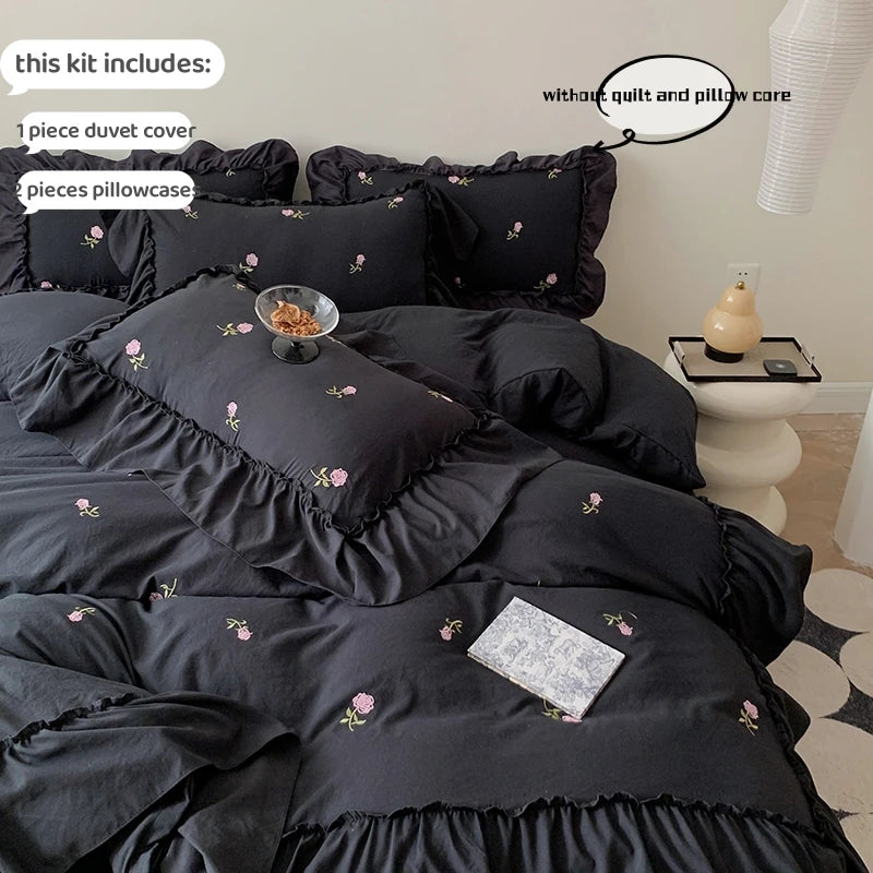 Romantic Ruffle Embroidered Duvet Cover Set – Korean Floral Chic Bedding